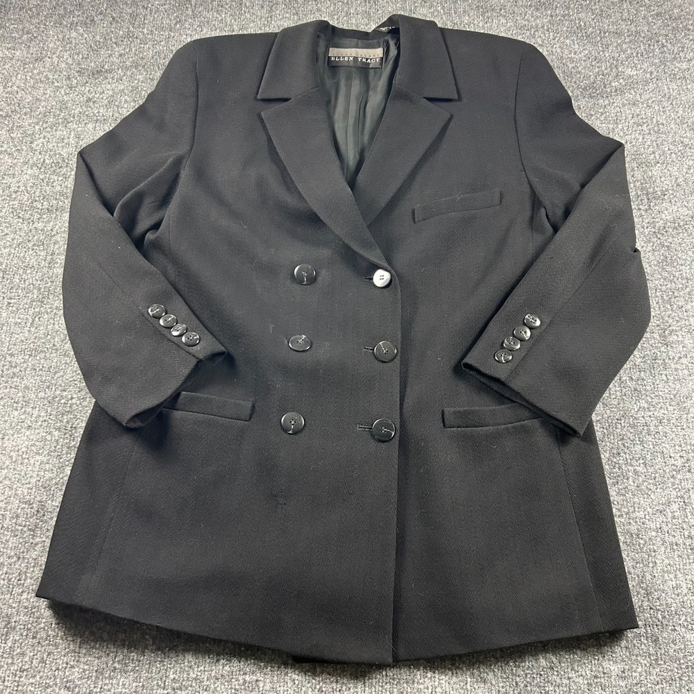 Linda Allard Ellen Tracy Black Wool Blazer Double Breasted Jacket Womens Size 14